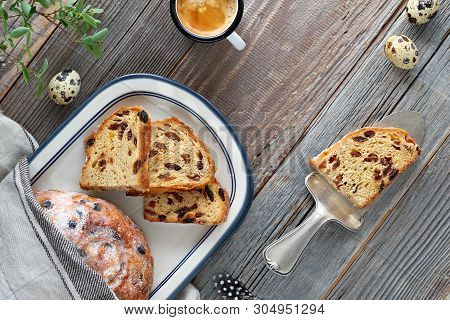 Easter Bread (osterbrot In German). Top View Of Traditional Fruity Bread On Rustic Wood  With Fresh 