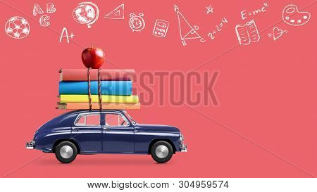 Back to school looped 4k animation. Car delivering books and apple against school blackboard with education symbols.