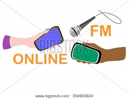 Online Radio Concept Illustration. Idea Of Global Outreach. Female And Male Hands Of Different Color