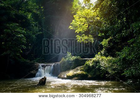 Mini Waterfall And Sunset Sunny Beams, Travel Destinations Background, Forest Viwe River Kroeng Kraw