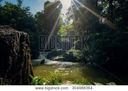 Mini Waterfall And Sunset Sunny Beams, Travel Destinations Background, Forest Viwe River Kroeng Kraw