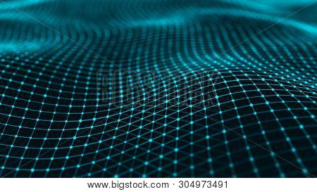 Wavy Surface With Many Dots And Lines. Abstract Futuristic Background. 3D Rendering.
