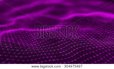 Wavy Surface With Many Dots And Lines. Abstract Futuristic Background. 3D Rendering.