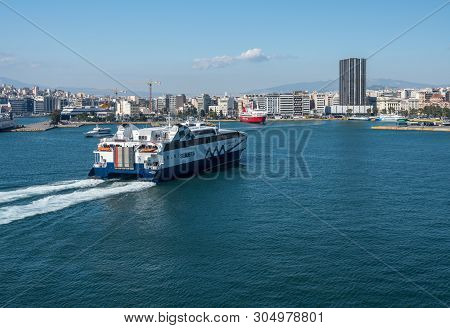 Piraeus, Greece - 16 May 2019: Seajets Ferry In The Port Of Piraeus Near Athens
