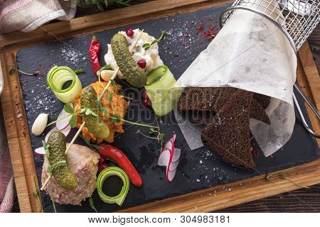 Assorted Of Lard With Fresh Vegetables And Fried Bread. Lard Snack.
