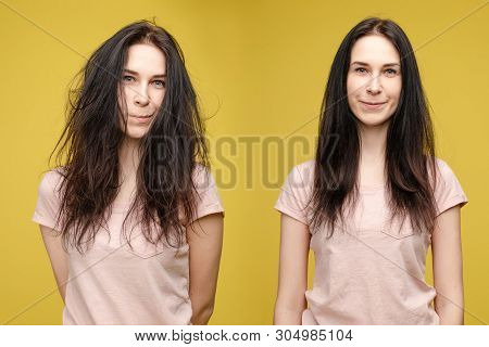 Girl With Glossy And Messy Unbrushed Hair In After Shampoon.