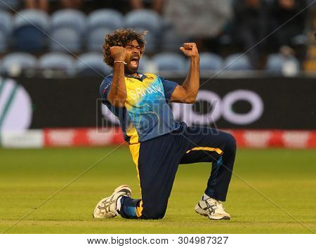 CARDIFF, WALES. 04 JUNE 2019: Lasith Malinga of Sri Lanka celebrates taking the wicket of Hamid Hasan of Afghanistan during the Afghanistan v Sri Lanka, ICC Cricket World Cup match