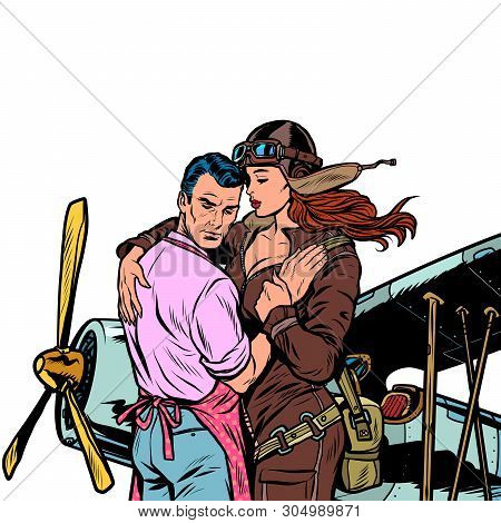 Woman Pilot Says Goodbye To A Man, A Couple In Love With A Retro Plane. Pop Art Retro Vector Illustr