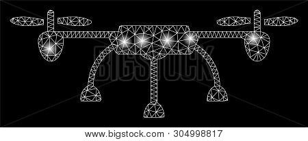 Bright Mesh Copter With Lightspot Effect. Abstract Illuminated Model Of Copter Icon. Shiny Wire Carc