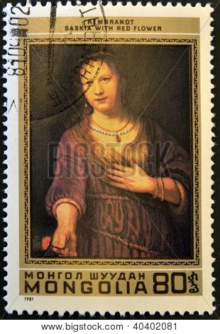 MONGOLIA - CIRCA 1980: Un francobollo stampato in spettacoli di Mongolia Saskia con fiore rosso di Rembrandt circa 1