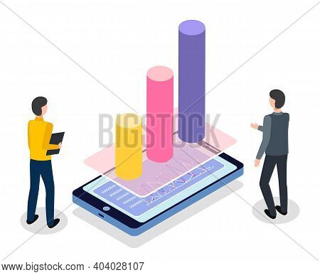 Men, Back View, Stand And Study The Huge Conceptual Bar Chart, Area Charts, Graphs On The Screen Of 