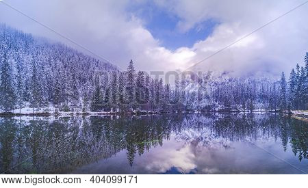 Amazing Winter Landscape With Snowy Mountains And Clear Waters Of Green Lake (gruner See), Famous To