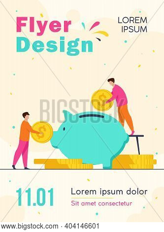 Two Investors Putting Coins In Piggybank. Bank, Money, Income Flat Vector Illustration. Finance And 