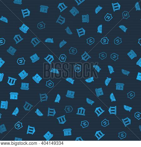 Set Museum Building, Warehouse, House With Shield And Market Store On Seamless Pattern. Vector