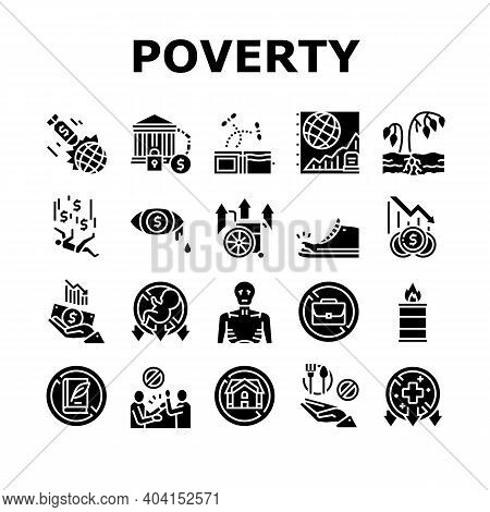 Poverty Destitution Collection Icons Set Vector. Lost Job And House, Miscarriage And Illness, Hunger