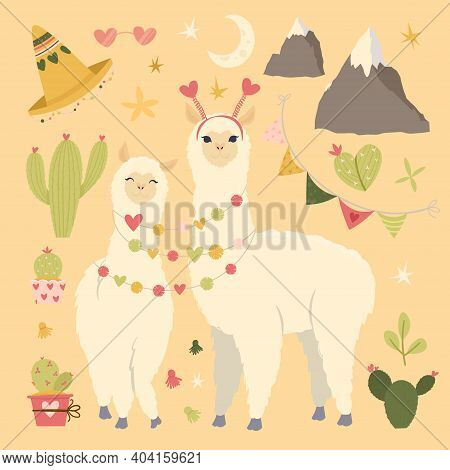 Valentines Day Flat Illustration. Be My Llamantine Card For With Cute Llama Alpaca And Hearts. Greet