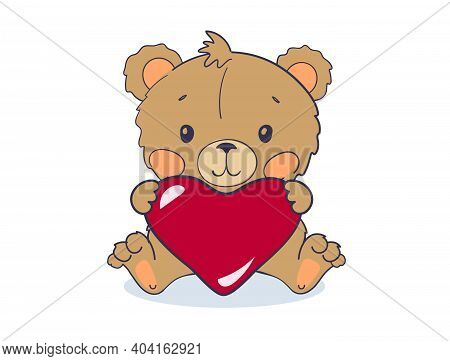 A Cute Bear Cub Sits And Holds A Big Red Heart. Cute Animal For Valentine S Day. Vector Illustration