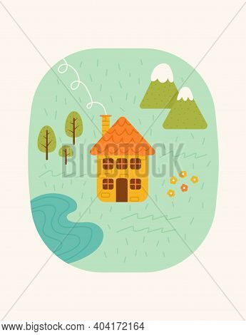 Cute Landscape With A House, Mountains, Lake And Trees. Spring And Summer Background For Greeting Ca