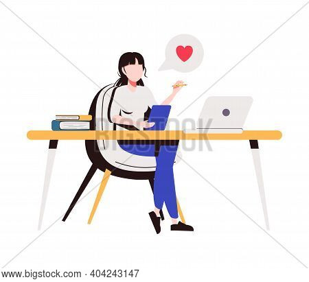 Teenage Girl Writing Diary Or Journal. Happy Young Woman Reading Book And Taking Notes With Pencil. 
