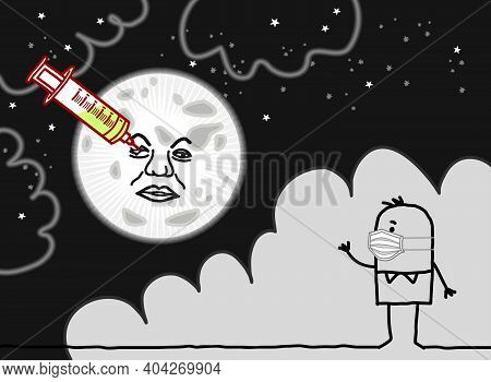 Hand Drawn Cartoon Man With Protection Mask, Watching A Famous Moon Imitation, With Big Syringe And 
