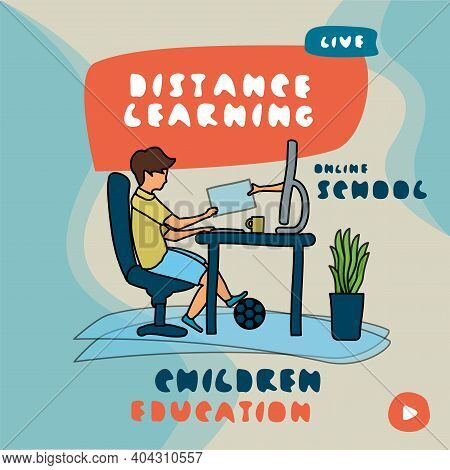 A Boy Is Sitting At The Computer. A Hand Comes Out Of The Monitor. Distance Learning Or Online Schoo