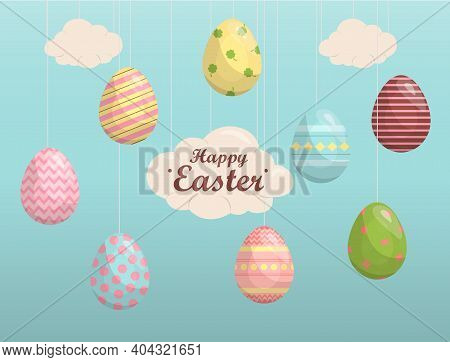 A Set Of Brightly, Colorful Painted Easter Eggs. Vector Illustration With A Happy Easter Wish. Flat 