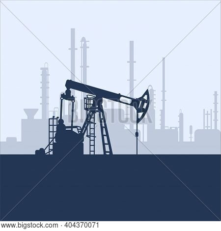 Blue Oil Pump Jack Silhouette And Factory View. Petroleum Industry. Vector Template For Web, Infogra