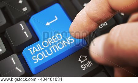 Close Up View Of Male Hand Touching Blue Tailored Solutions Computer Keypad. 3d Illustration.