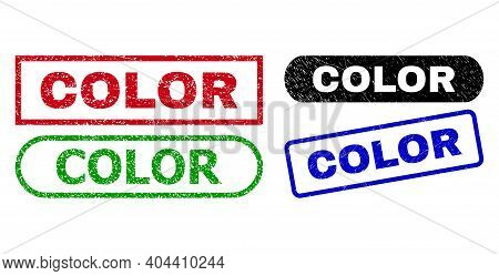 Color Grunge Stamps. Flat Vector Scratched Stamps With Color Caption Inside Different Rectangle And 