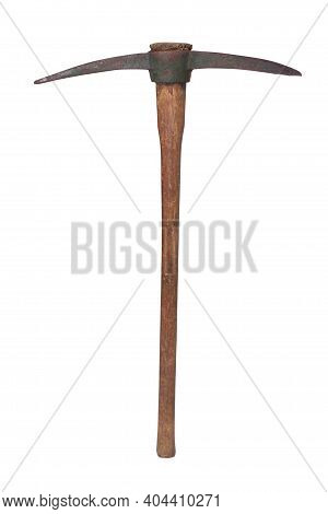 Vintage Pickaxe With Wood Handle Isolated On A White Background