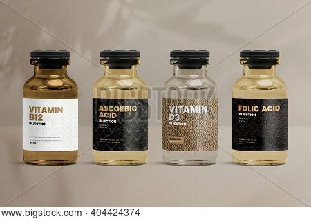 Vitamin injection vial glass bottles with luxurious patterned labels