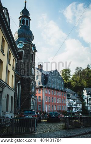 Monschau, Germany - Mai 22 2019: Small Picturesque Town In The Eifel Region In Noth Rhine-westphalia