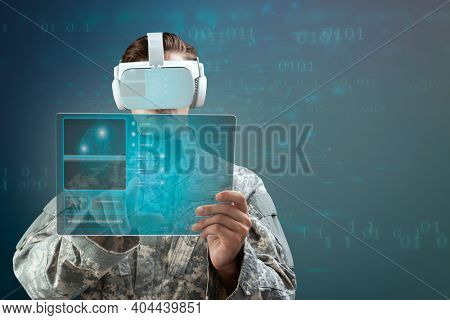 Military officer in VR headset touching virtual screen