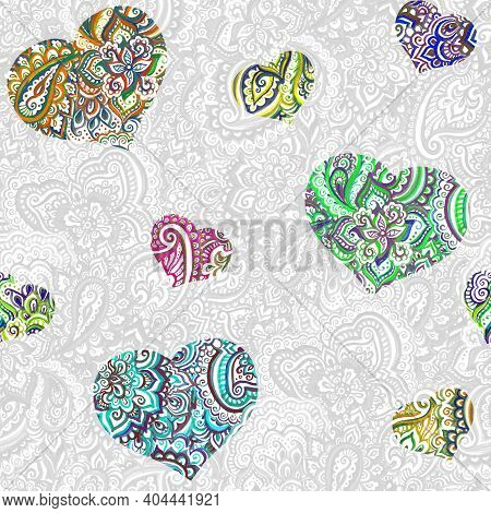 Seamless Light Grey Template With Hearts On Ornamental Background With Eastern Ornament Of India