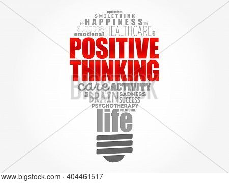 Positive Thinking Light Bulb Word Cloud Collage, Health Concept Background
