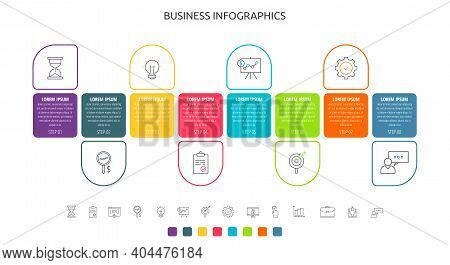 Vector Infographics Label With 8 Steps, Icons. Line Chart. Timeline Used For Diagram, Web, Workflow 