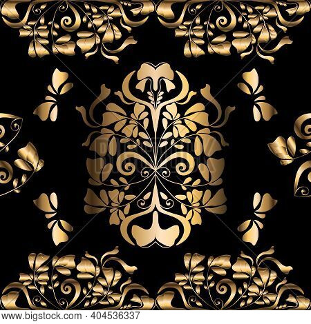 Wedding Gold Background. On A Black Background. Gold Elements. Seamless Vector Pattern. Vectorian El