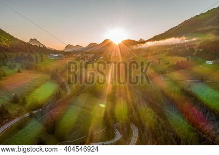 Aerial Drone Shot Of Sunrise On Gailenberg Road In Germany Summer