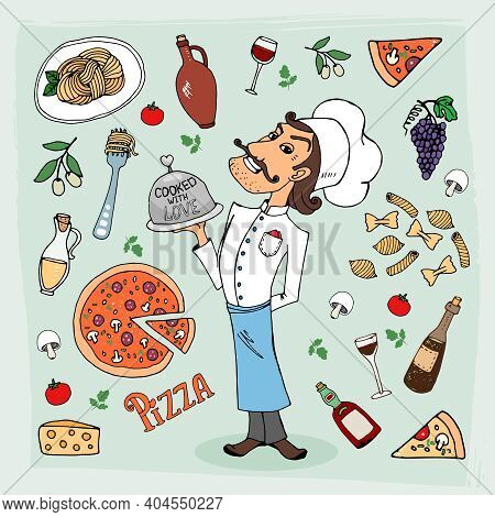 Italian Cuisine And Food Hand-drawn Illustration With A Handsome Chef In A Toque Holding A Food Dome