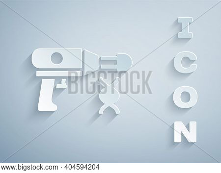 Paper Cut Transfer Liquid Gun In Biological Laborator Icon Isolated On Grey Background. Paper Art St