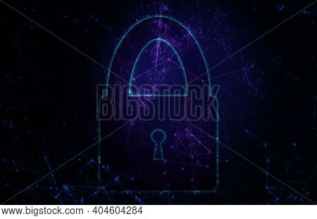 Glowing Silhouette Of A Padlock On A Dark Abstract Background With Particles And Compounds. Privacy 