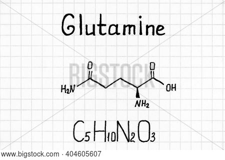 Handwriting Chemical Formula Of Glutamine. Close Up.