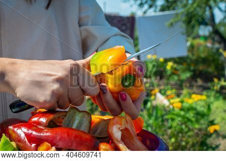 Hands Of A Young Woman With A Knife Cut Ripe Capsicum Outdoors. Cooking Fresh, Ripe, Bell Pepper Sal