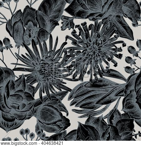 Seamless Pattern With Hand Drawn Stylized Viburnum, Hypericum, Tulip, Aster, Leucadendron, Amaryllis