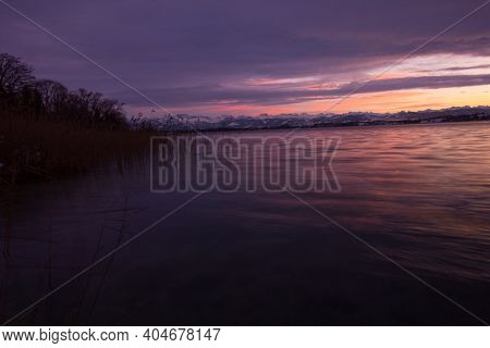 Stunning Sunset Over The Lake Of Pfaeffikon (pfäffikersee)