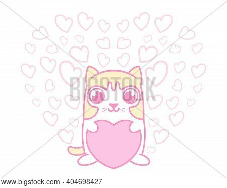 Cute Cat Holding Pink Heart With Group Of Small Hearts.