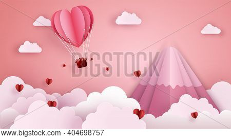 Paper Cut Art And Digital Craft Style Of Love And Valentine Concept. Origami Of Hot Air Balloon Flyi