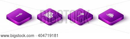 Set Isometric Honey Dipper Stick, Chocolate Bar, Lollipop And Pudding Custard Icon. Vector