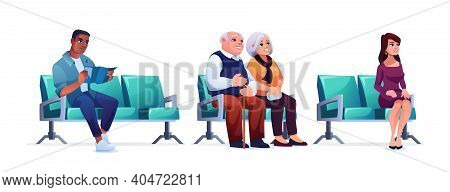 Waiting Room, People Sitting On Chairs In Queue Isolated On White. Elderly Couple, Woman And Man Hea