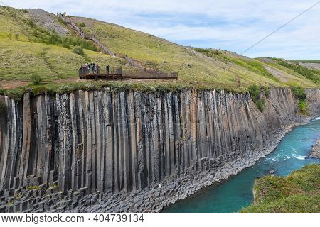 Jokuldalur Iceland - August 6. 2020: Tourists Enjoying Studlagil Canyon And Jokulsa River